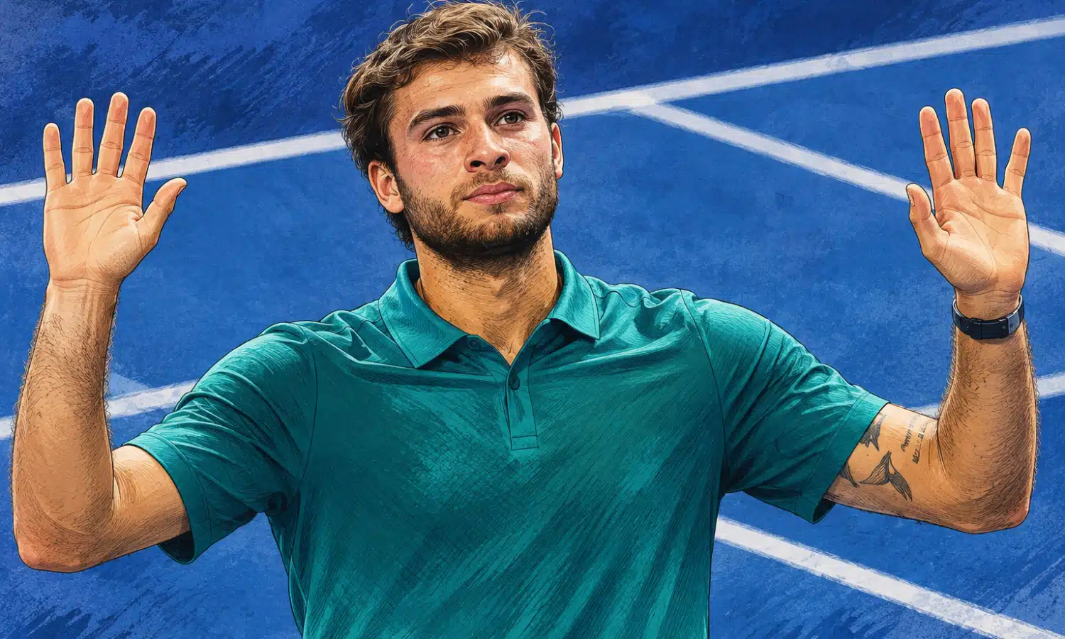 Illustrazione editoriale in primo piano di un tennista con maglia verde petrolio, su uno sfondo essenziale che richiama un campo da tennis.