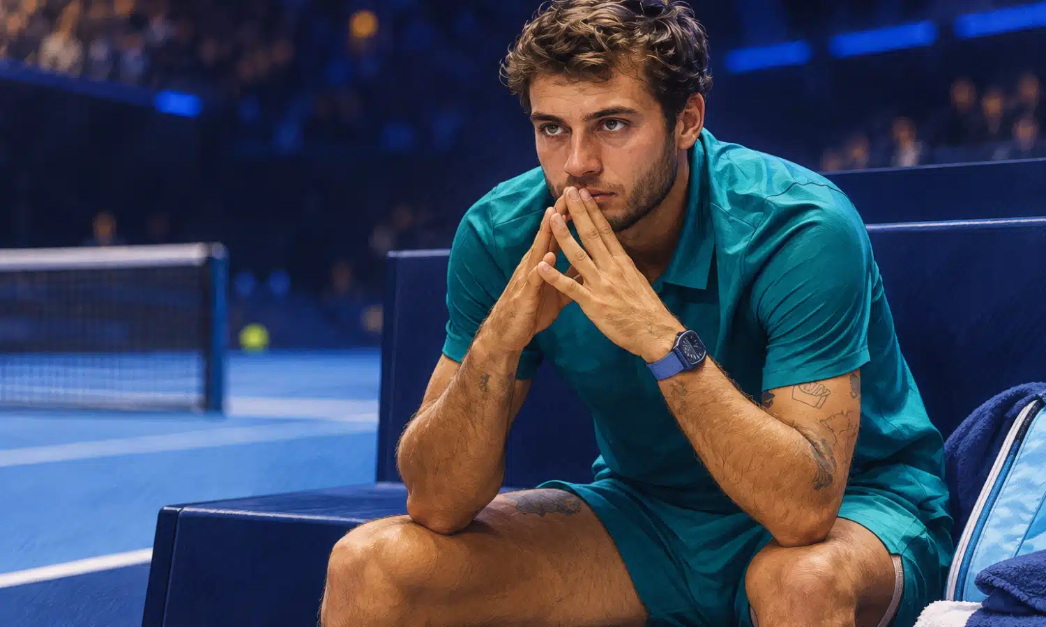 Illustrazione editoriale di un tennista seduto sulla panchina a bordo campo, ispirato al protagonista della foto di riferimento, con il campo indoor sullo sfondo.