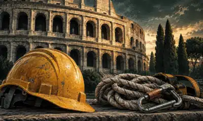 Casco da lavoro e corda ripiegata davanti agli archi del Colosseo, in un’illustrazione editoriale.