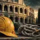 Casco da lavoro e corda ripiegata davanti agli archi del Colosseo, in un’illustrazione editoriale.