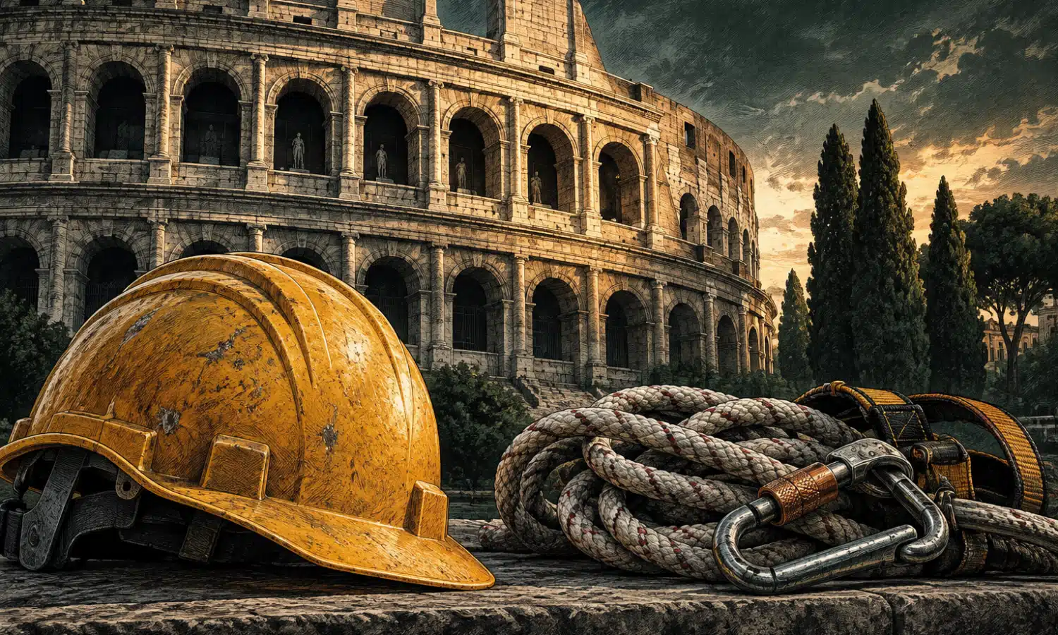 Casco da lavoro e corda ripiegata davanti agli archi del Colosseo, in un’illustrazione editoriale.