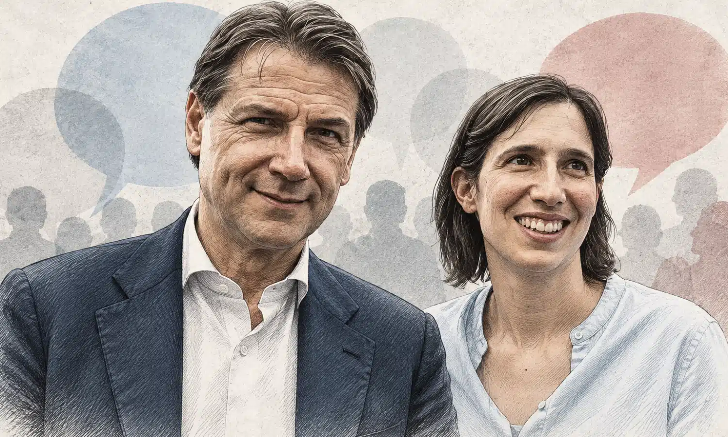 Illustrazione editoriale con i ritratti affiancati di Conte e Schlein, con Conte leggermente in primo piano.