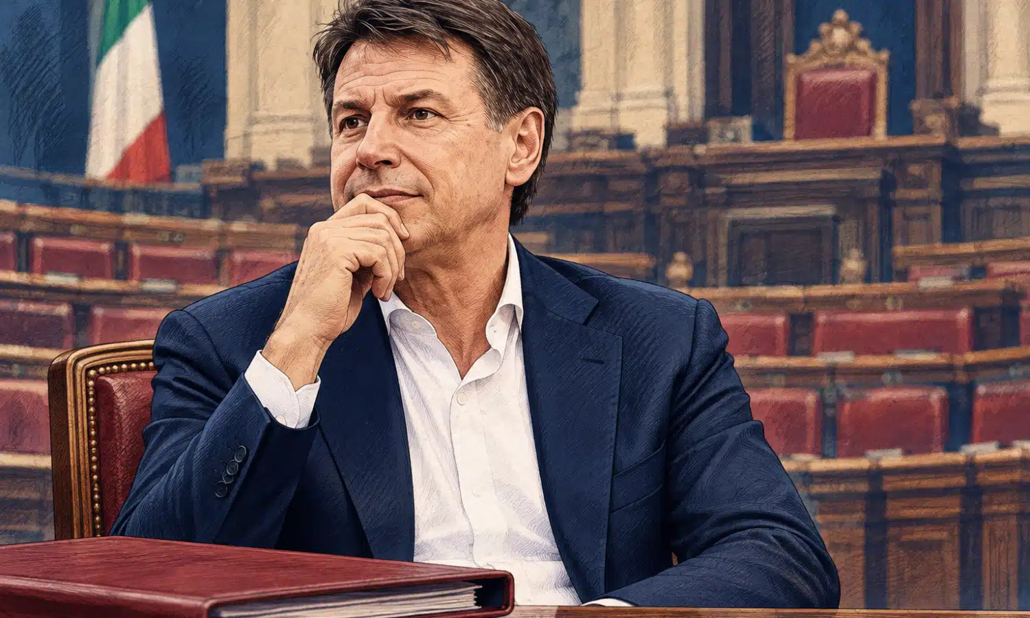 Ritratto editoriale di Giuseppe Conte davanti a un’aula parlamentare appena accennata e a un fascicolo chiuso.
