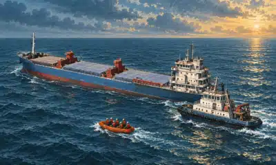 Illustrazione di una nave cargo affiancata da un’unità di soccorso e da una scialuppa nel Mar Nero.