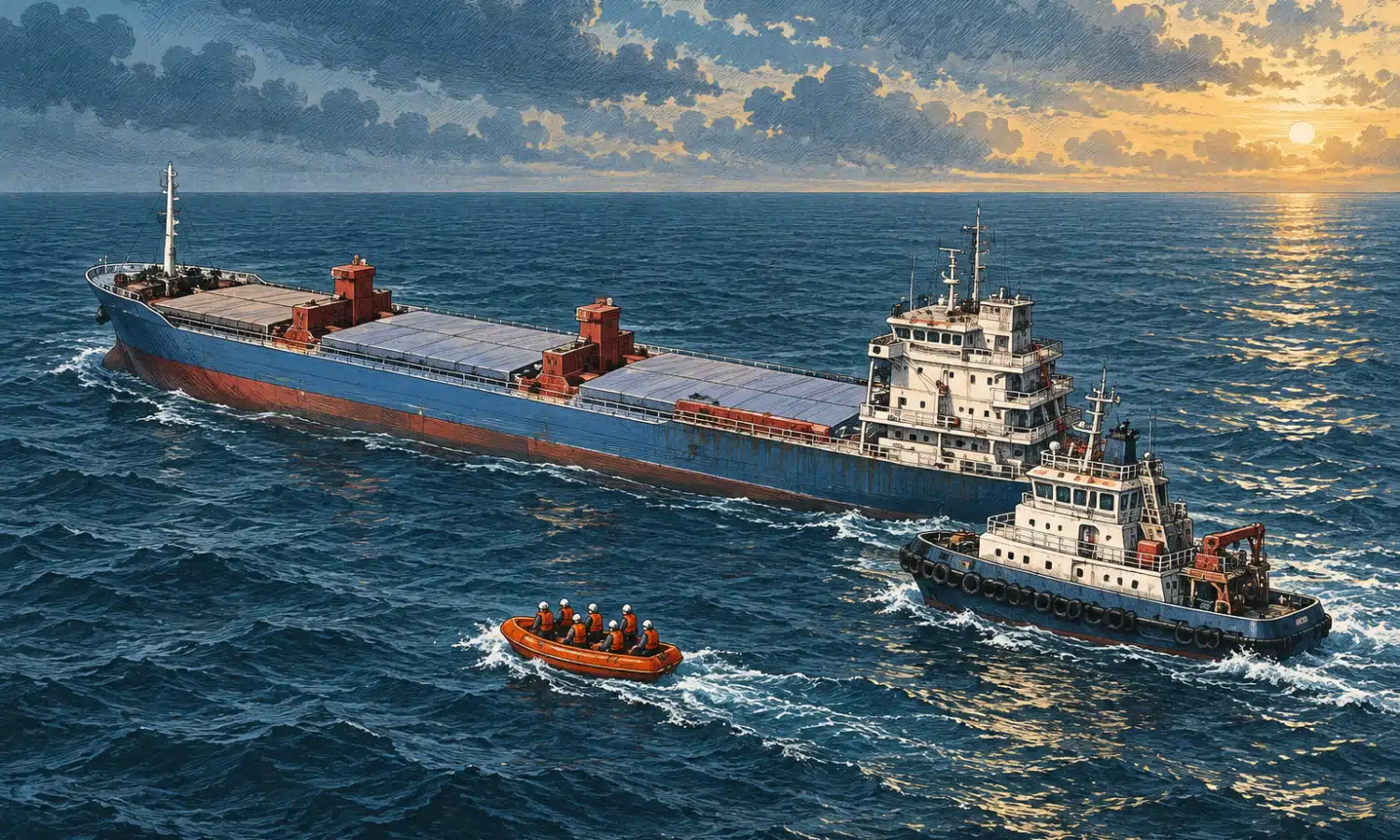 Illustrazione di una nave cargo affiancata da un’unità di soccorso e da una scialuppa nel Mar Nero.