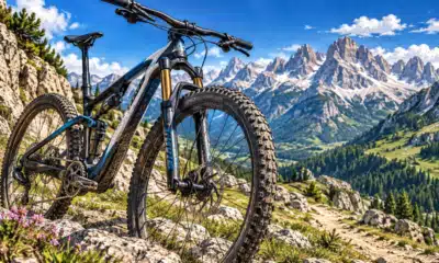 Una mountain bike ferma su un sentiero alpino, con montagne sullo sfondo.