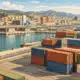 Illustrazione di un piazzale portuale con file di container e il profilo urbano genovese sullo sfondo.