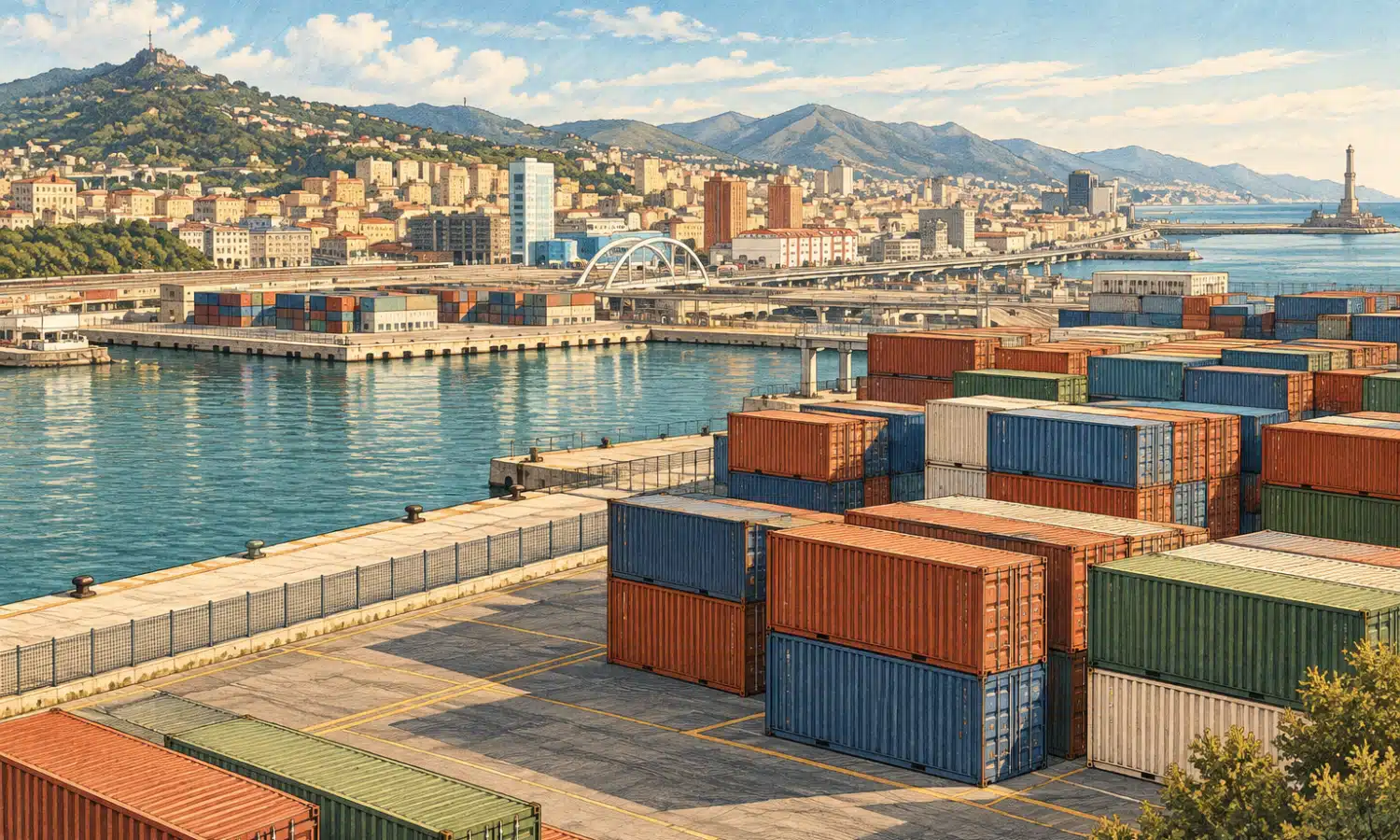 Illustrazione di un piazzale portuale con file di container e il profilo urbano genovese sullo sfondo.