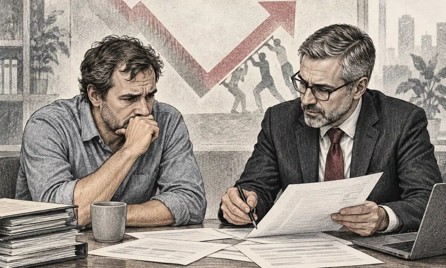 Un piccolo imprenditore e un consulente esaminano insieme documenti non leggibili in un ambiente di lavoro sobrio.