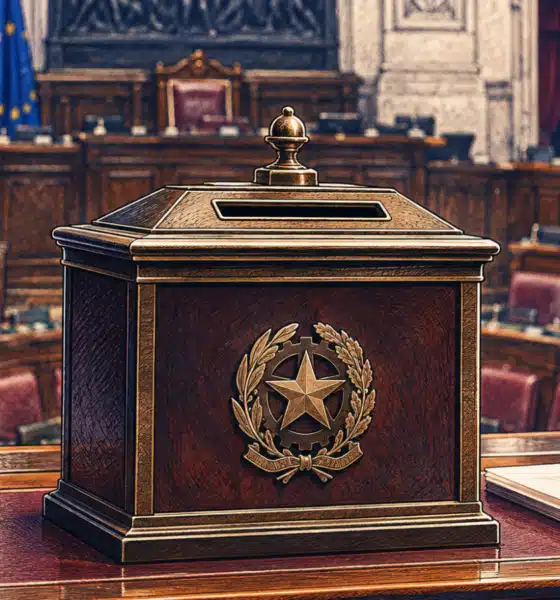 Un’urna per il voto parlamentare in primo piano, con l’aula di Montecitorio sullo sfondo.