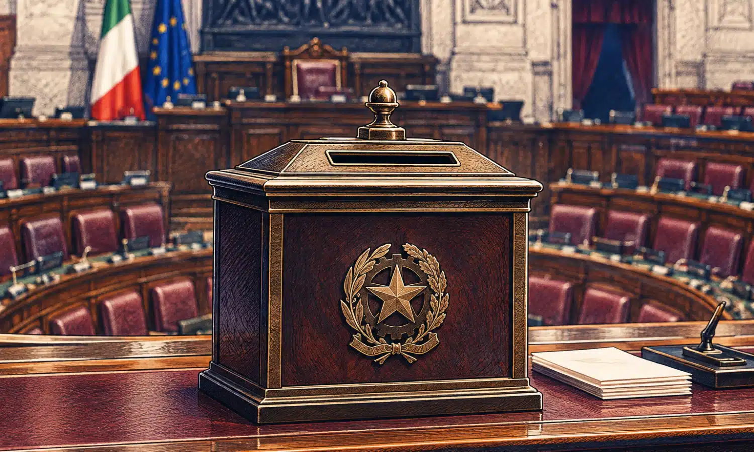 Un’urna per il voto parlamentare in primo piano, con l’aula di Montecitorio sullo sfondo.
