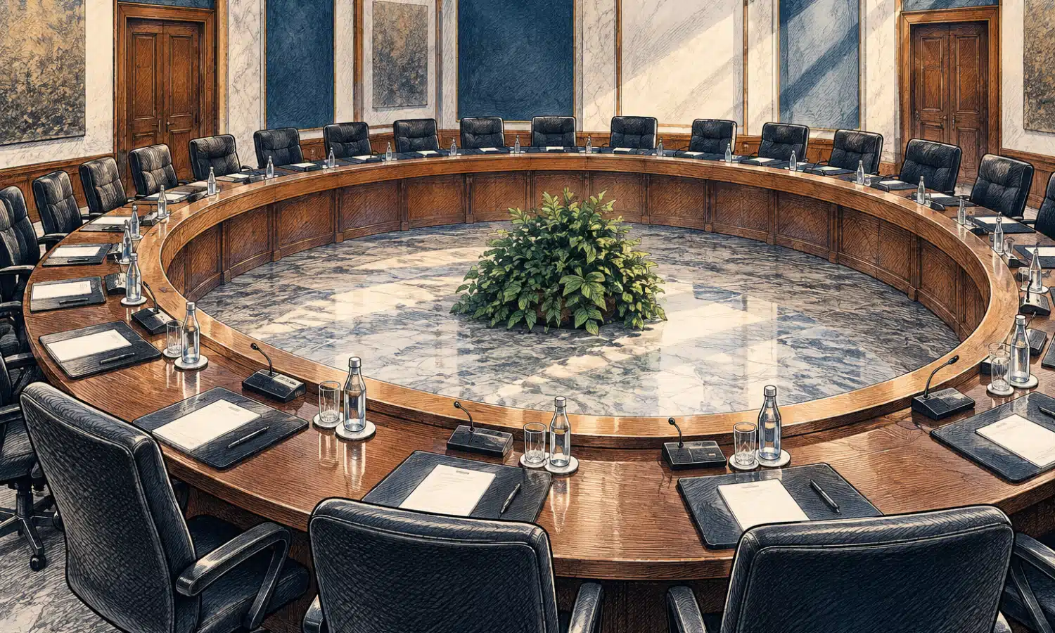 Illustrazione editoriale di un tavolo consiliare curvo e vuoto in una sala istituzionale essenziale.
