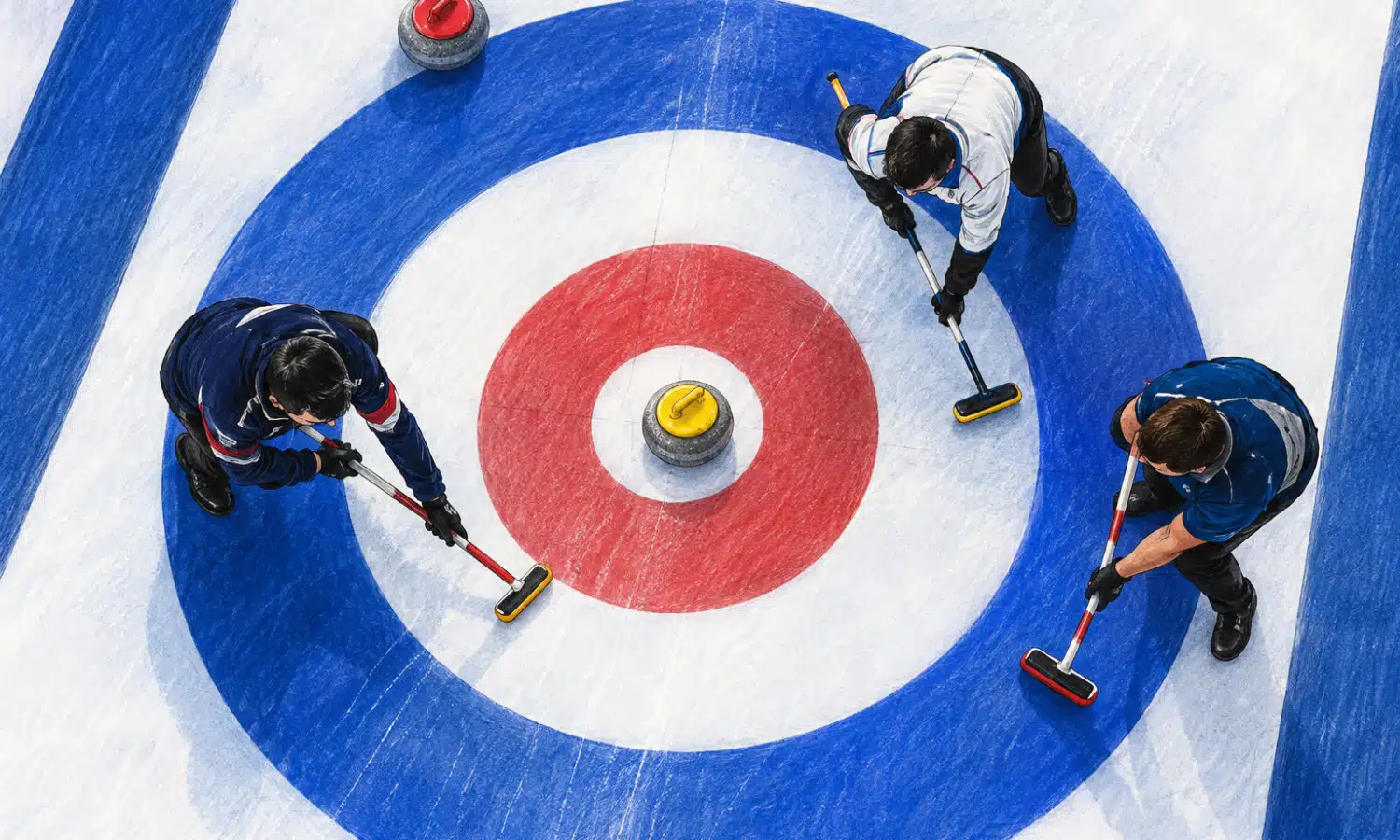 Illustrazione editoriale di una stone da curling vicino al centro della casa, con atleti e scope sul ghiaccio.