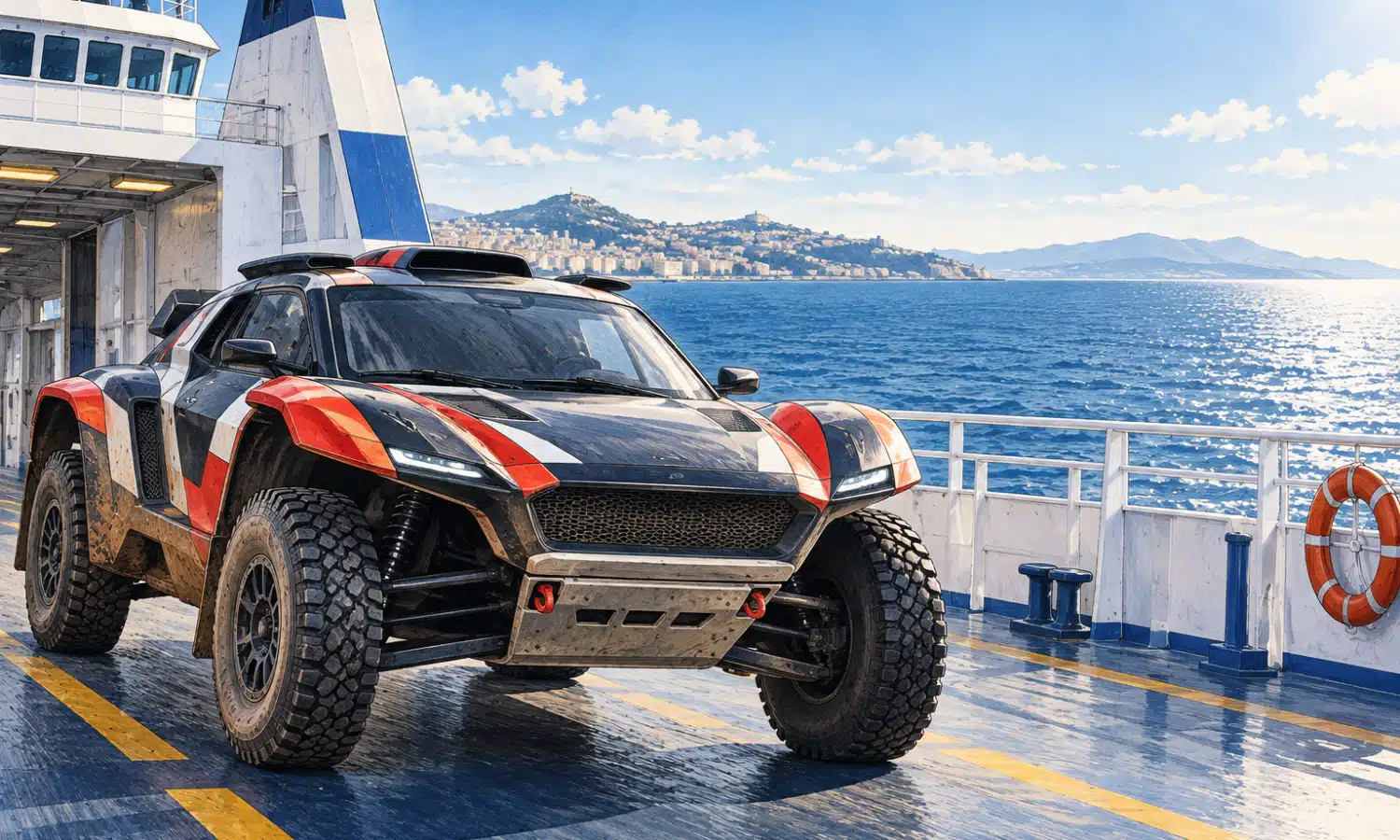 Veicolo da rally-raid generico sul ponte di un traghetto in mare, illustrazione del trasferimento del Dakar 2027 dal Portogallo al Marocco.
