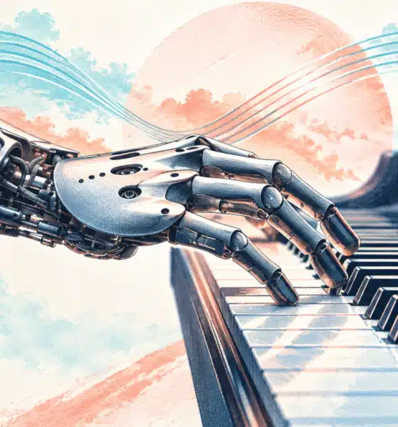 Una mano meccanica sfiora i tasti di un pianoforte in un’illustrazione editoriale sulla musica .