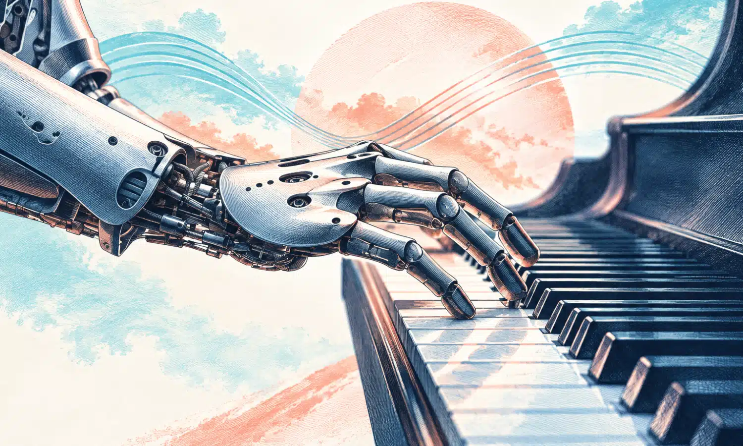 Una mano meccanica sfiora i tasti di un pianoforte in un’illustrazione editoriale sulla musica .