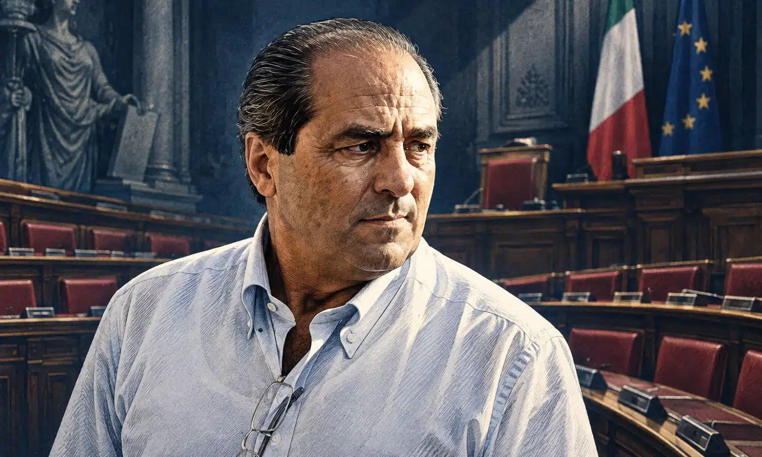 Ritratto illustrato di Antonio Di Pietro davanti a uno sfondo istituzionale che richiama un’aula parlamentare.