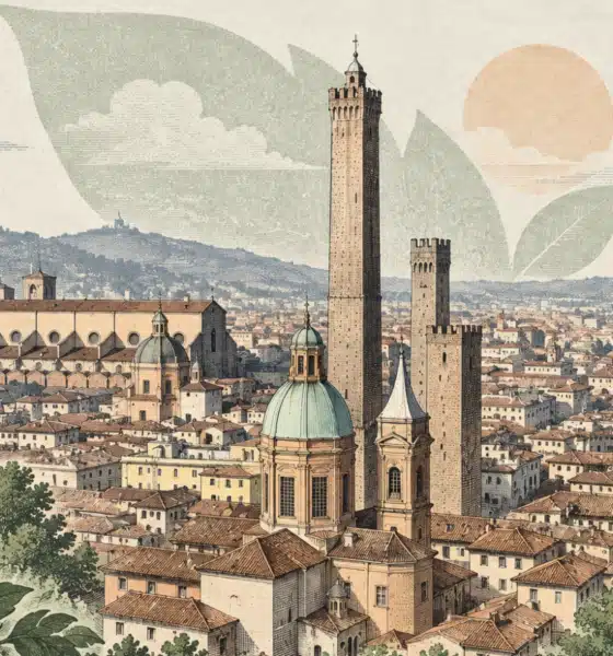 Illustrazione del profilo urbano di Bologna con le Due Torri e i tetti del centro storico.