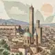 Illustrazione del profilo urbano di Bologna con le Due Torri e i tetti del centro storico.