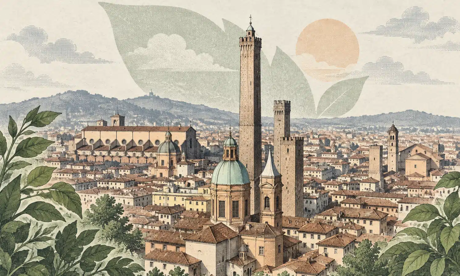 Illustrazione del profilo urbano di Bologna con le Due Torri e i tetti del centro storico.