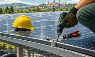 Illustrazione di pannelli fotovoltaici su una pensilina da parcheggio, con la mano guantata di un installatore in primo piano.