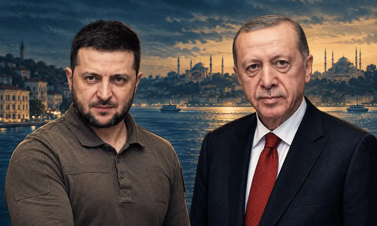 Ritratti illustrati di Erdoğan e Zelensky con il Bosforo sullo sfondo.