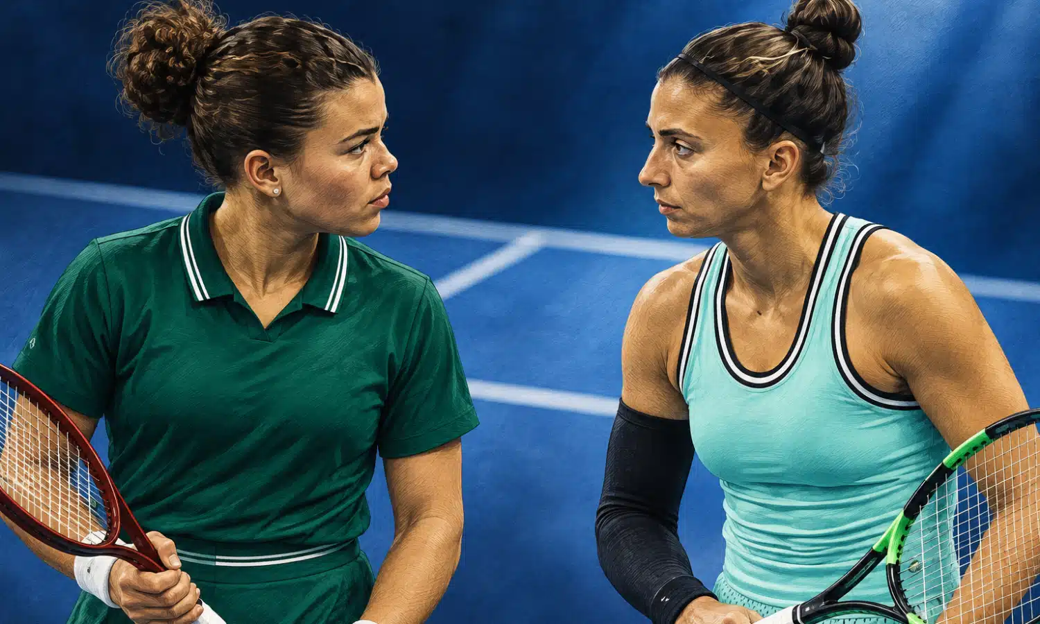 Illustrazione editoriale di due tenniste ispirate alle protagoniste della semifinale di Tokyo per un posto alle WTA Finals.