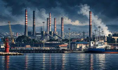 Illustrazione dello stabilimento siderurgico di Taranto visto dal porto, con ciminiere e strutture industriali sullo sfondo.