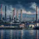 Illustrazione dello stabilimento siderurgico di Taranto visto dal porto, con ciminiere e strutture industriali sullo sfondo.