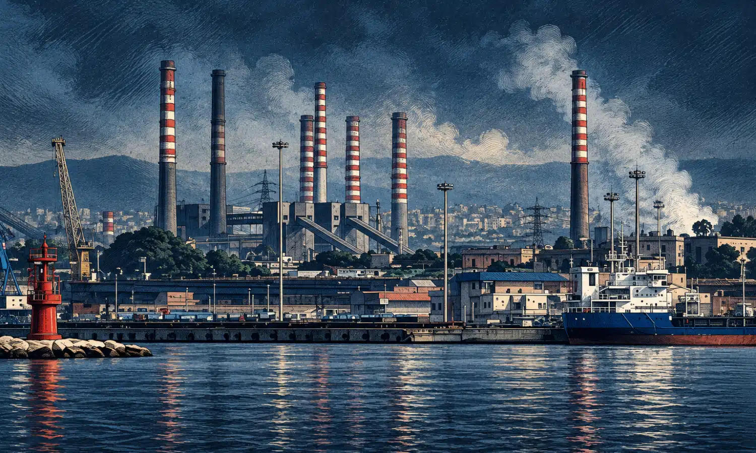 Illustrazione dello stabilimento siderurgico di Taranto visto dal porto, con ciminiere e strutture industriali sullo sfondo.