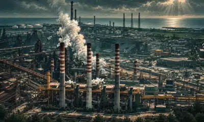 Illustrazione editoriale dello stabilimento siderurgico dell’ex Ilva di Taranto.