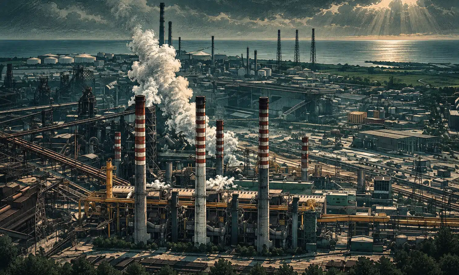 Illustrazione editoriale dello stabilimento siderurgico dell’ex Ilva di Taranto.