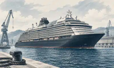 Illustrazione di una grande nave da crociera accanto alla banchina di un cantiere, con lo scafo a contatto con l’acqua.