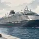 Illustrazione di una grande nave da crociera accanto alla banchina di un cantiere, con lo scafo a contatto con l’acqua.
