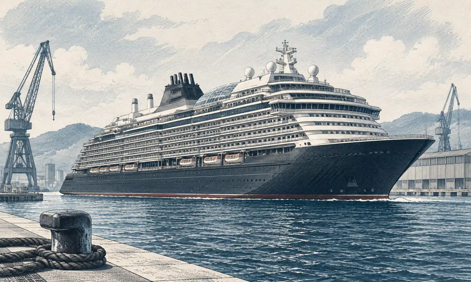 Illustrazione di una grande nave da crociera accanto alla banchina di un cantiere, con lo scafo a contatto con l’acqua.
