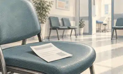 Un promemoria di prenotazione senza scritte su una sedia in una sala d’attesa ambulatoriale.