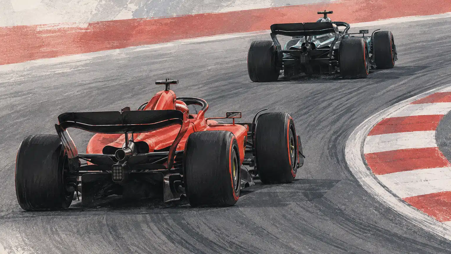 Illustrazione di una monoposto Ferrari rossa che segue una Mercedes scura in pista.