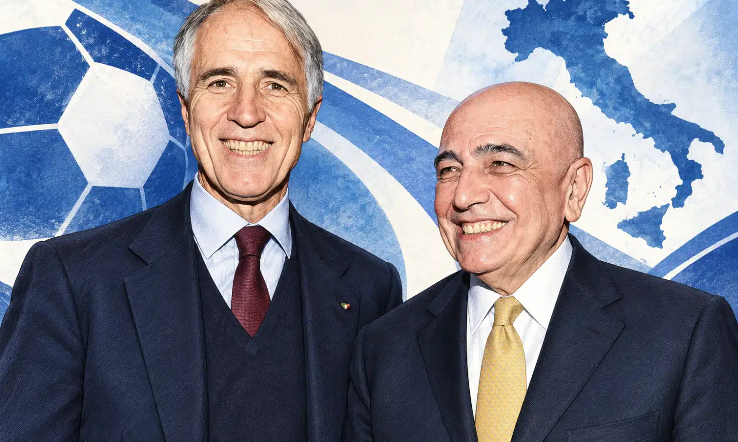 Ritratto illustrato di Giovanni Malagò e Adriano Galliani affiancati su uno sfondo istituzionale astratto e luminoso.