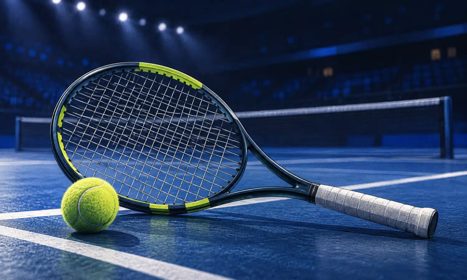 Una racchetta da tennis in primo piano davanti a un campo indoor vuoto, in un’illustrazione sul ritiro di Arthur Fils.