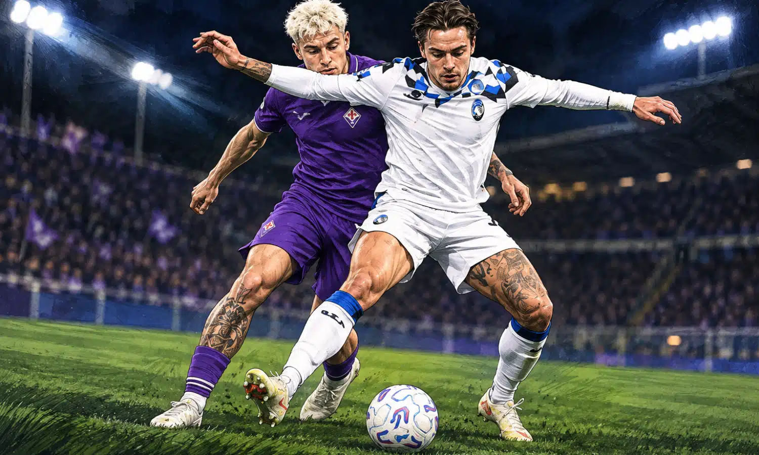 Illustrazione editoriale di due calciatori, uno in viola e uno in maglia bianca con dettagli blu e neri, che si contendono il pallone sul campo.