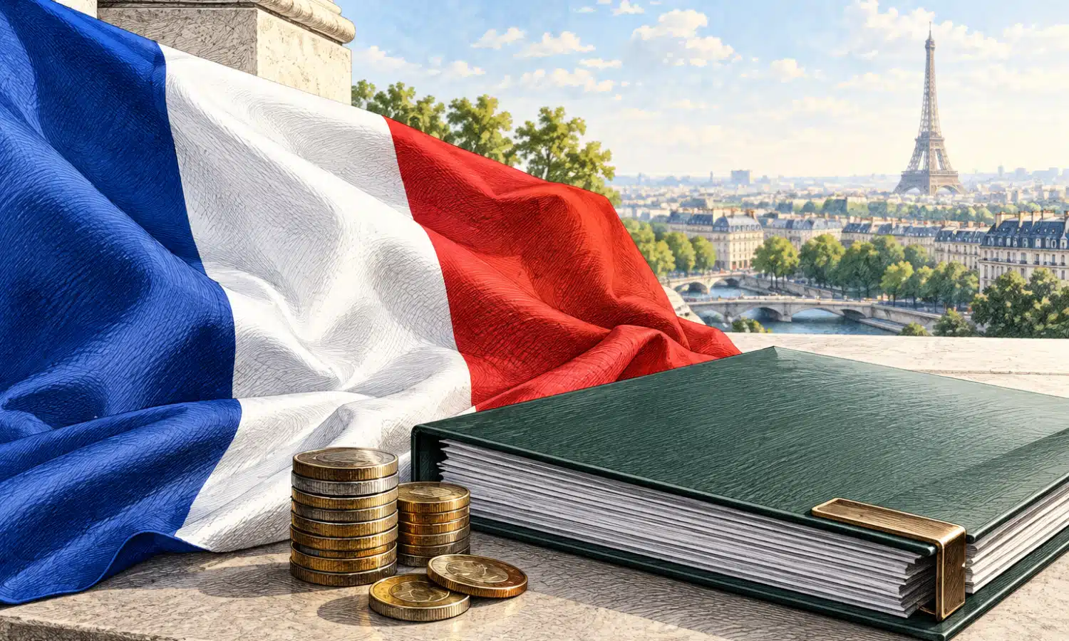Drapeau francese accanto a un dossier di bilancio senza scritte e a poche monete.