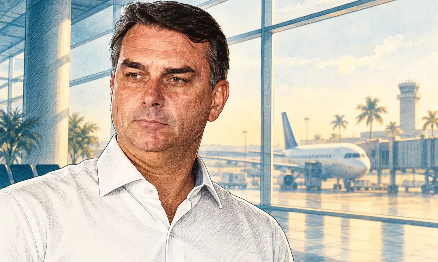 Ritratto illustrato di Flávio Bolsonaro su uno sfondo chiaro con un richiamo essenziale a un terminal aeroportuale.