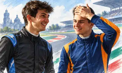 Illustrazione di due giovani piloti affiancati, con accenti blu e papaya, per raccontare le FP1 di Fornaroli con McLaren e di Minì con Alpine.