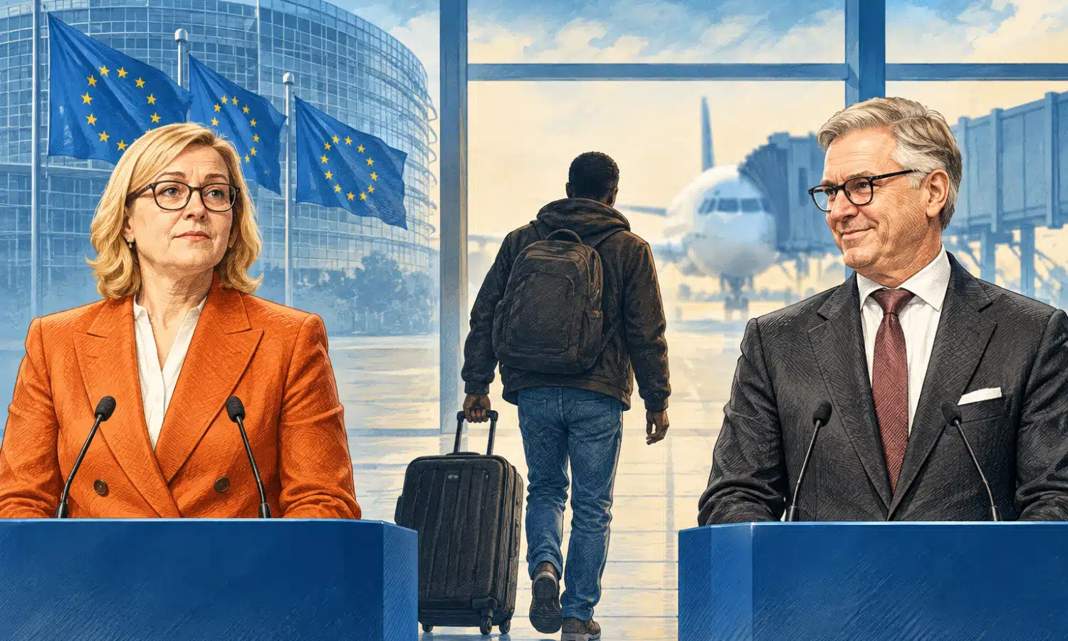 Illustrazione di una persona vista di spalle con un bagaglio davanti a un gate aeroportuale, simbolo della proposta Ue sull’assistenza di Frontex ai rimpatri tra Paesi terzi.