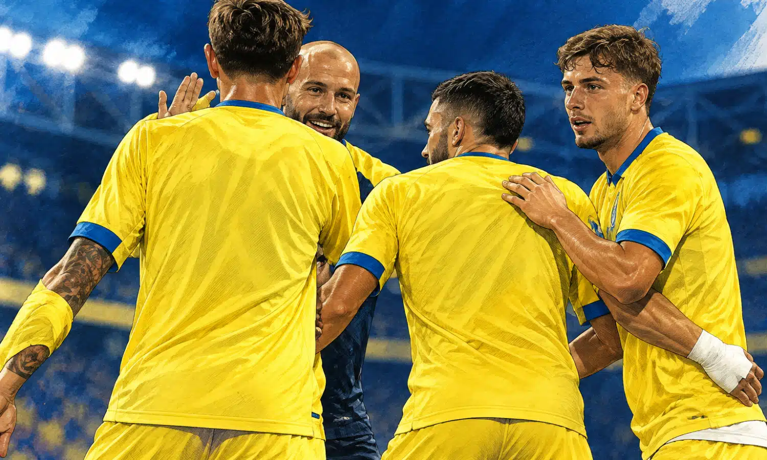 Giocatori del Frosinone in maglia gialla raccolti in una celebrazione di squadra.