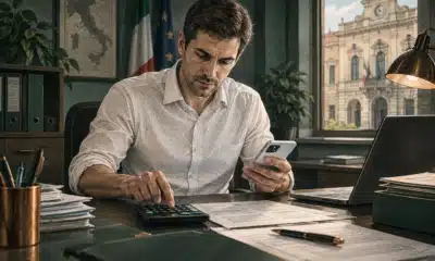 Illustrazione di un dipendente anonimo alla scrivania con calcolatrice e documenti non leggibili.