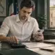 Illustrazione di un dipendente anonimo alla scrivania con calcolatrice e documenti non leggibili.