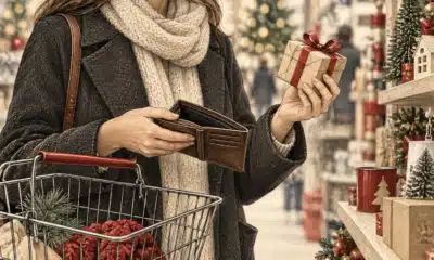 Mani anonime valutano un regalo accanto a un portafoglio e a un cestino della spesa poco pieno, in un negozio addobbato per le feste.
