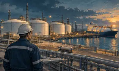 Illustrazione di un terminale industriale per il gas naturale liquefatto, con serbatoi e tubazioni, nei toni del blu petrolio e dell’ambra.
