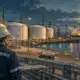 Illustrazione di un terminale industriale per il gas naturale liquefatto, con serbatoi e tubazioni, nei toni del blu petrolio e dell’ambra.